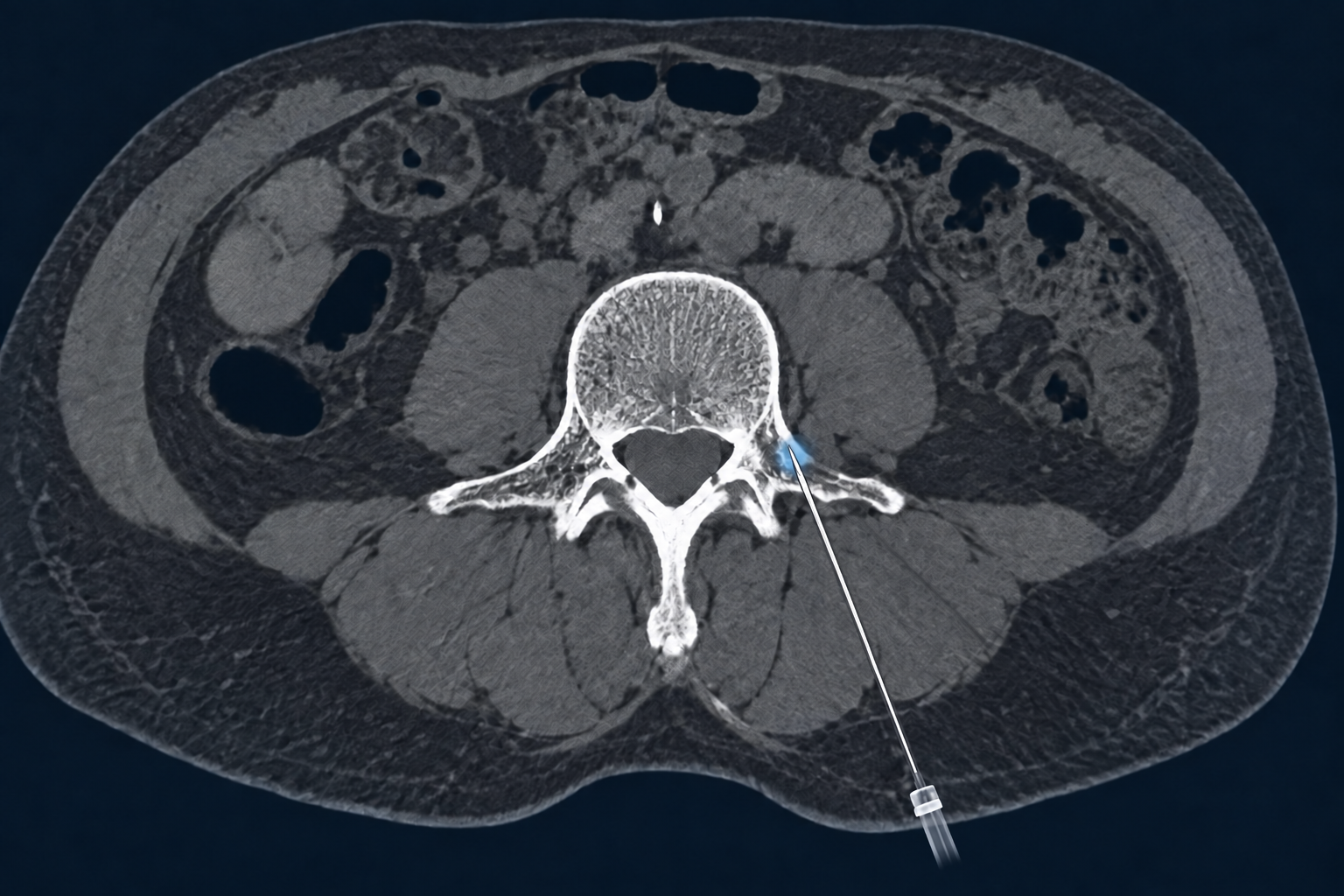 Synthetic axial CT illustration of a left posterior periradicular needle positioned at the L5 exit foramen