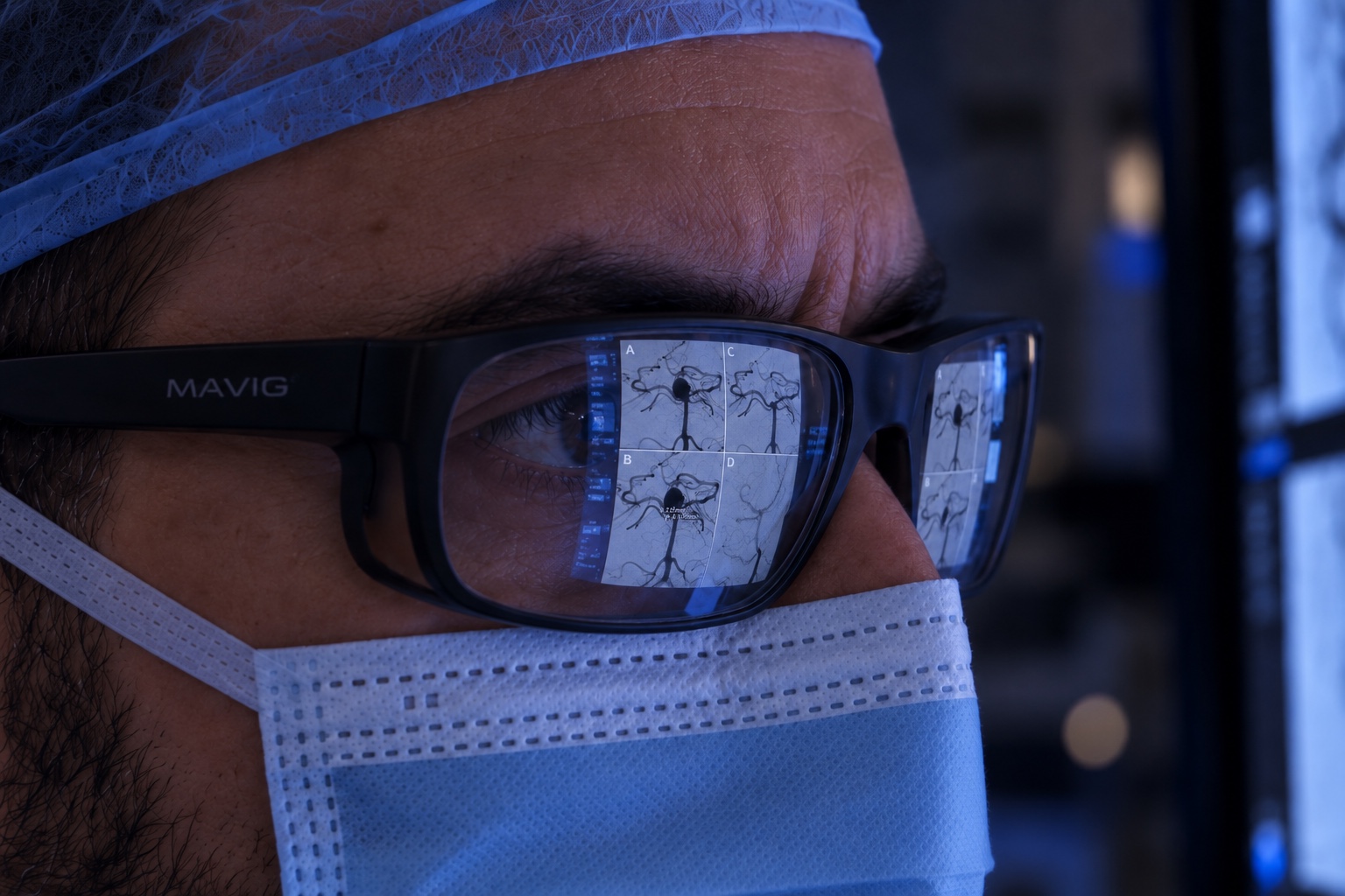 Dr. Theodosios Tsinas reviewing cerebral angiography in the angiography suite