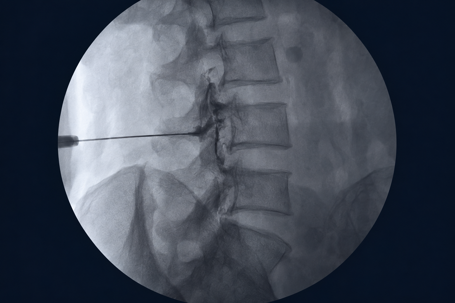 Synthetic oblique fluoroscopic illustration of a lumbar epidural injection