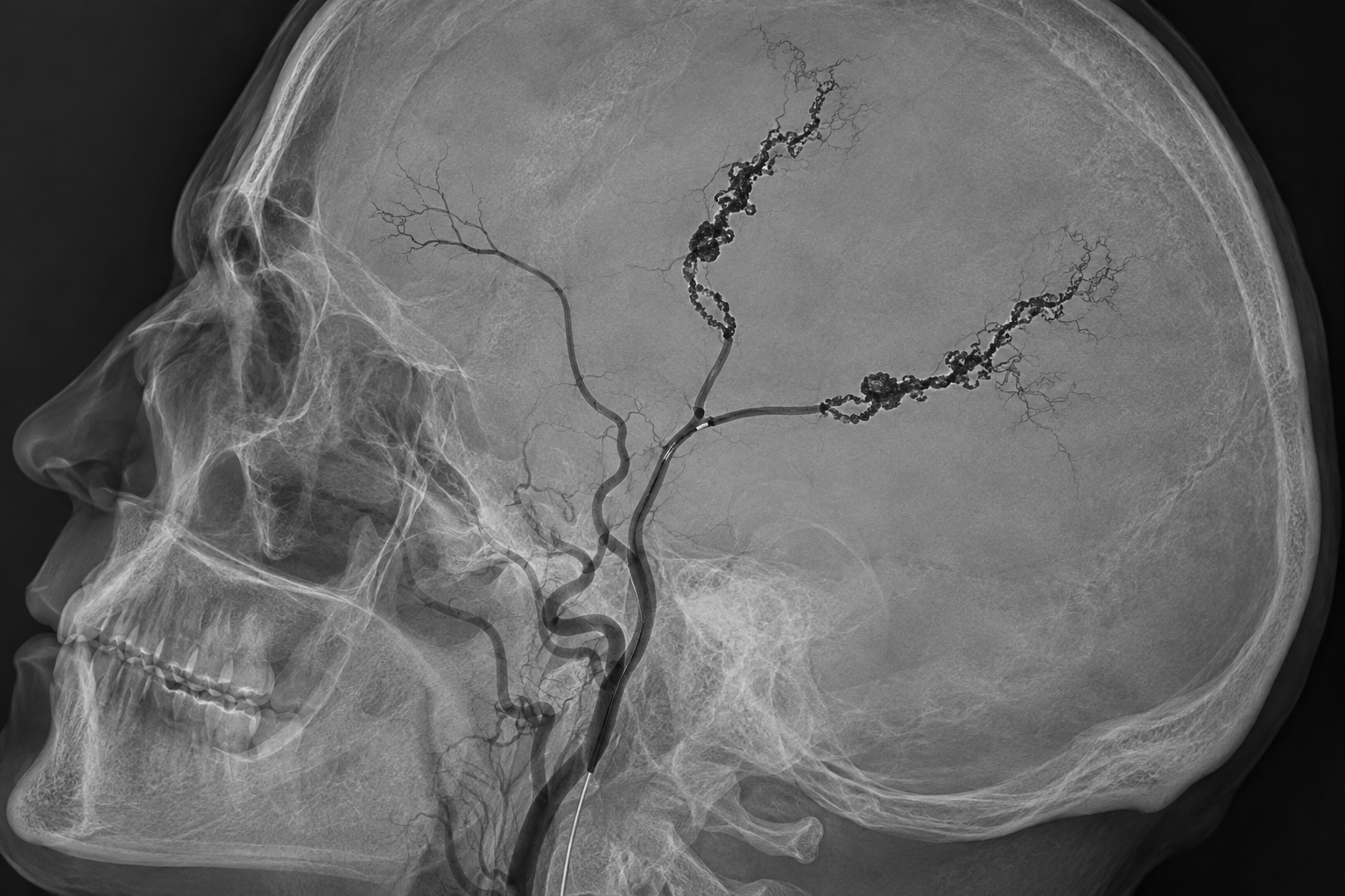 Synthetic lateral angiographic illustration of selective Onyx embolisation in two middle meningeal artery branches