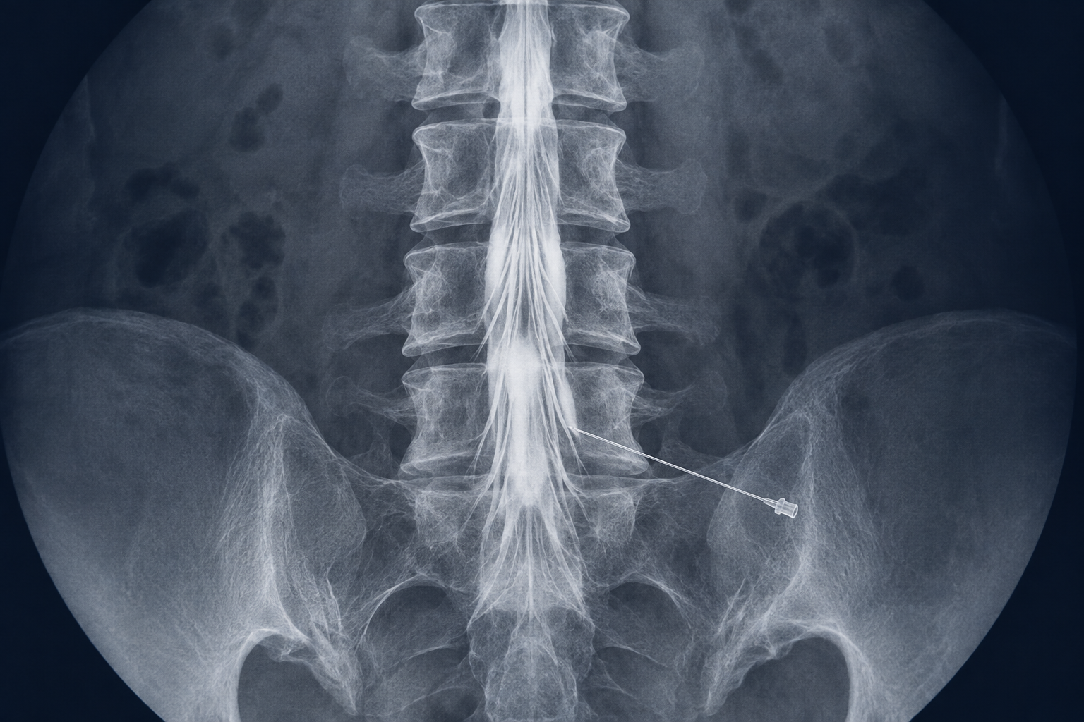 Synthetic lumbar myelogram showing intrathecal contrast outlining the thecal sac and nerve roots