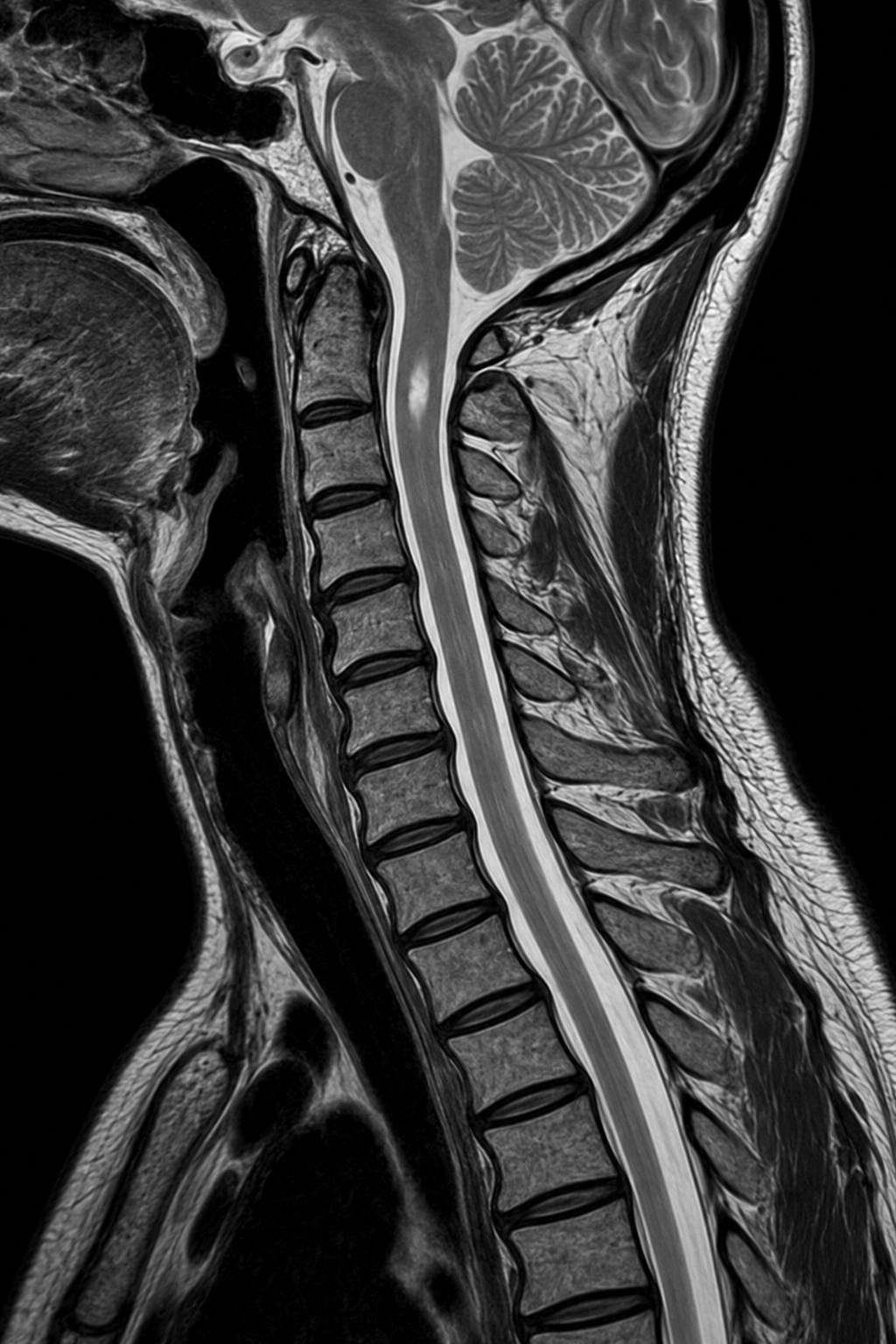 Synthetic sagittal T2 MRI showing a short-segment cervical spinal cord plaque