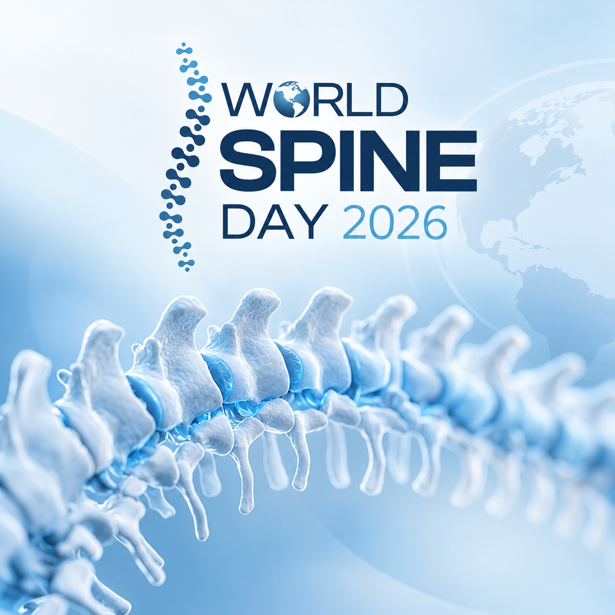 Blue World Spine Day 2026 poster with a synthetic three-dimensional spine