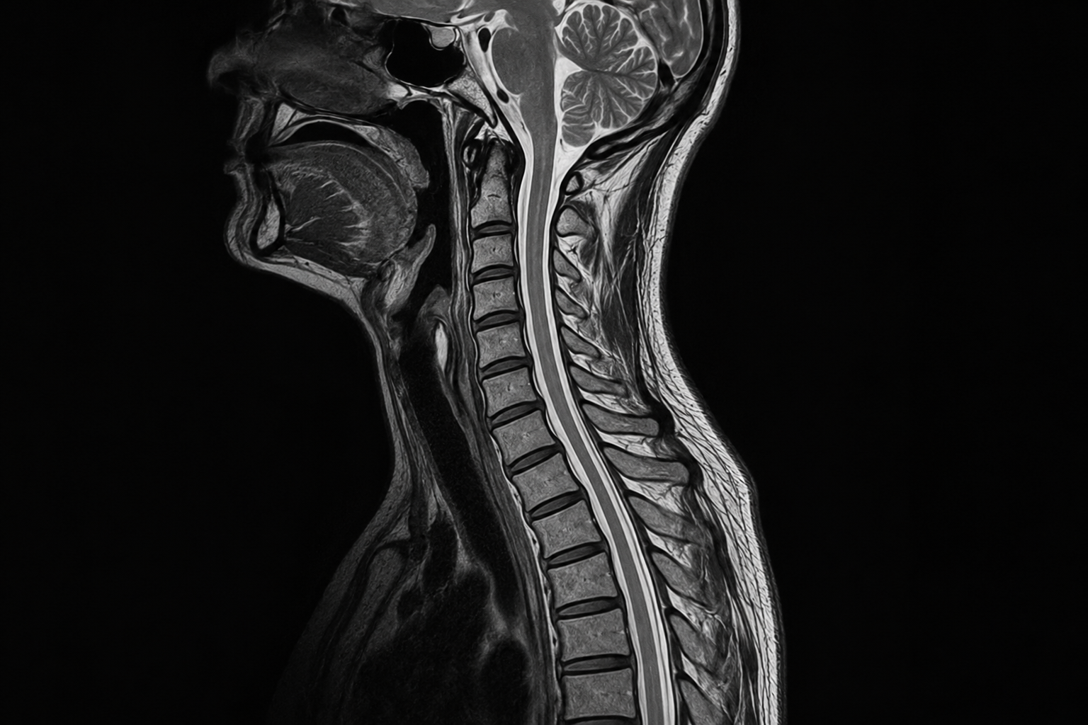 Synthetic sagittal T2-weighted MRI illustration of the cervical spine